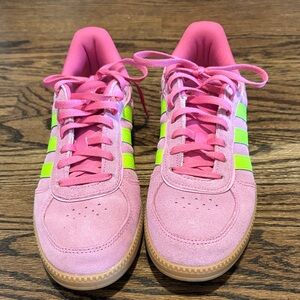 adidas Pink and Neon Green Suede Low-Top Sneakers